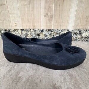 FitFlop Women's Blue Suede Super Ballerina Tassel Flats Size 10